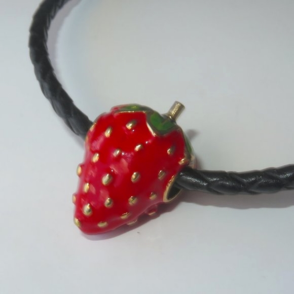 Cute Enamel Strawberry "Summer Delight" Necklace On Black Woven Leather Cord - Picture 5 of 8